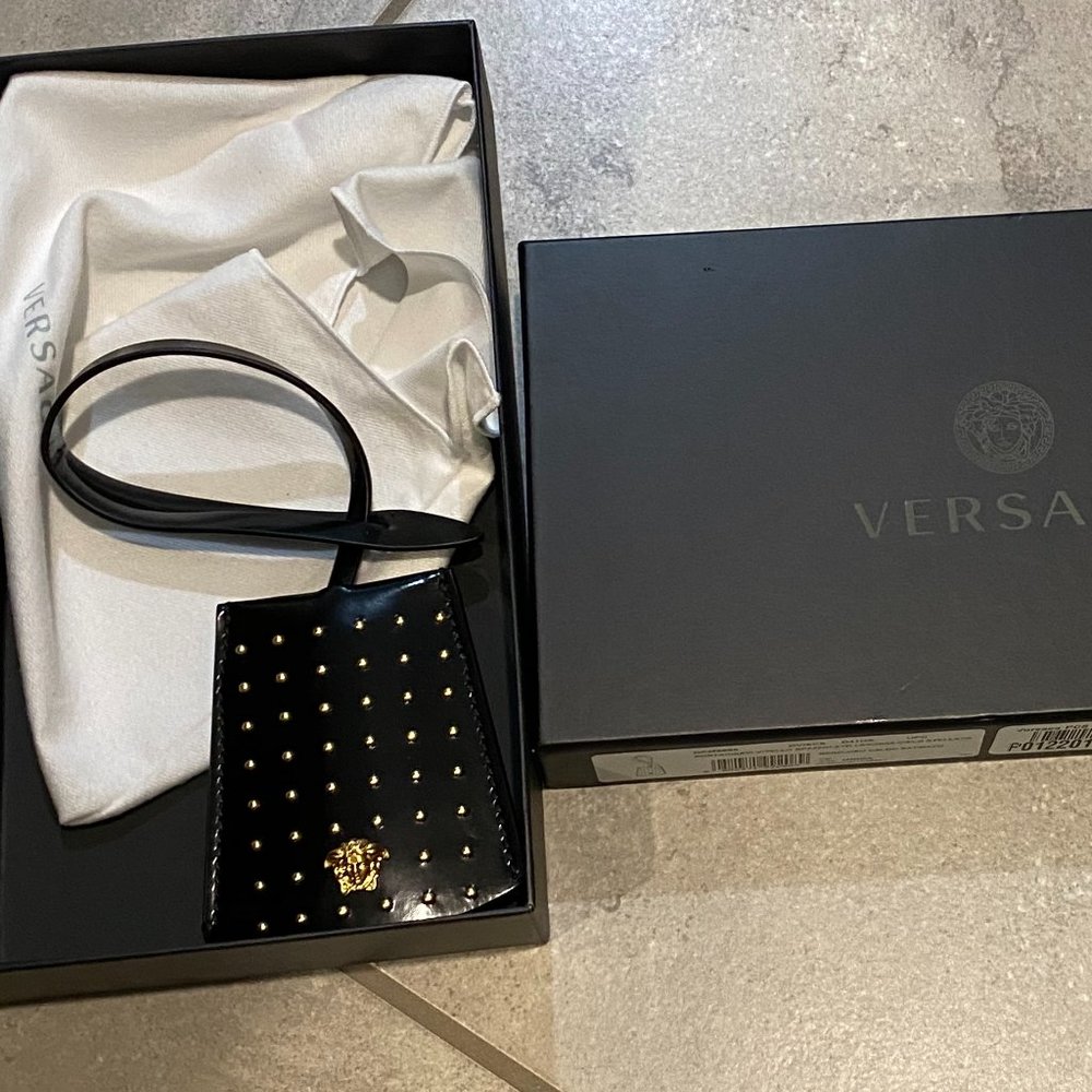 NEW Versace Made in Italy Black Leather Keychain!